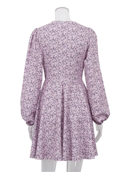 V-neck Printed Mini Dress for Summer Hollow Out Long Sleeve Dress Outfits Patchwork Slin Dress