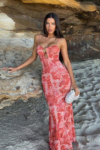 Beach Halter Print Cut Out Stretchy Maxi Dress