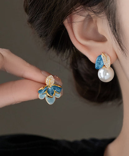 Bluecopper Zircon Asymmetric Pearl Enamel Drop Glaze Stud Earrings
