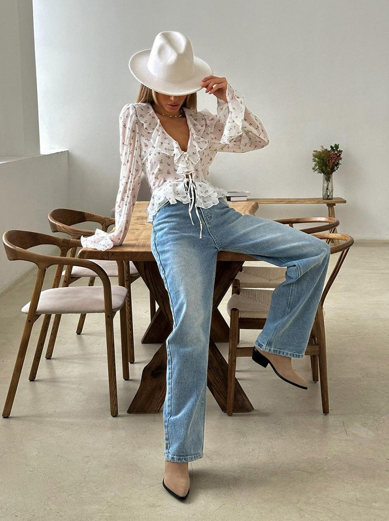 Ruffled V-neck Slim Fit Blouse