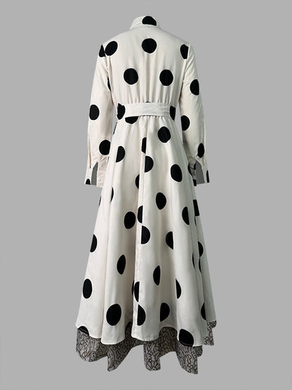 A-line High Waisted Belted Lace-up Pockets Polka Dot Split-joint Stand Collar Maxi Dresses