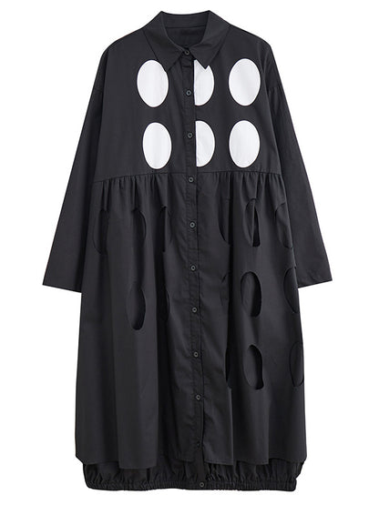 Stylish Long Sleeves A-line Polka Dot Polo Shirt Midi Dresses