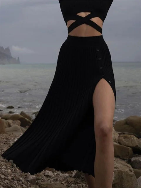 New White Knit Two Piece Sets Fall Ribbed Crop Top and Pleated Knitted Skirt Suits for Midi Dress Sets