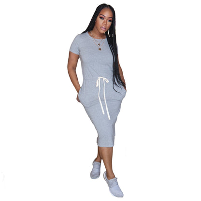 Dress Basic Elastic Waist Short Sleeve Color T Shirt Midi Dress