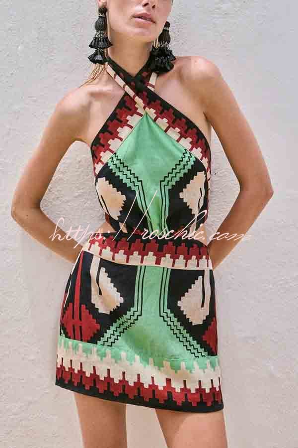 Unique Print Halter Backless Holiday Mini Dress