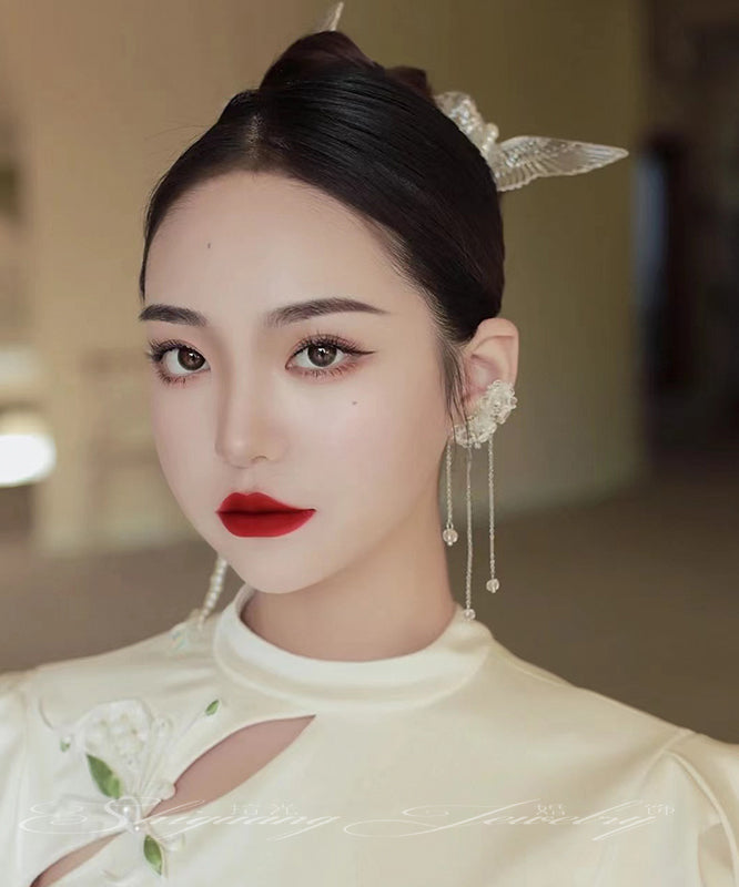 White Alloy Pearl Resin Magpie Tassel Hairpin