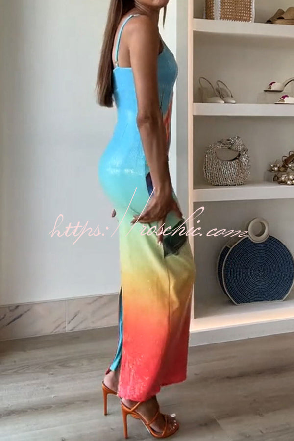 Dreamy Dreamy Sequin Unique Gradient Print Slit Stretch Maxi Dress(shipped Within 24 Hours)