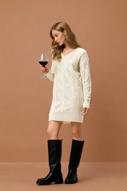V-neck Cable-knit Sweater Mini Dress