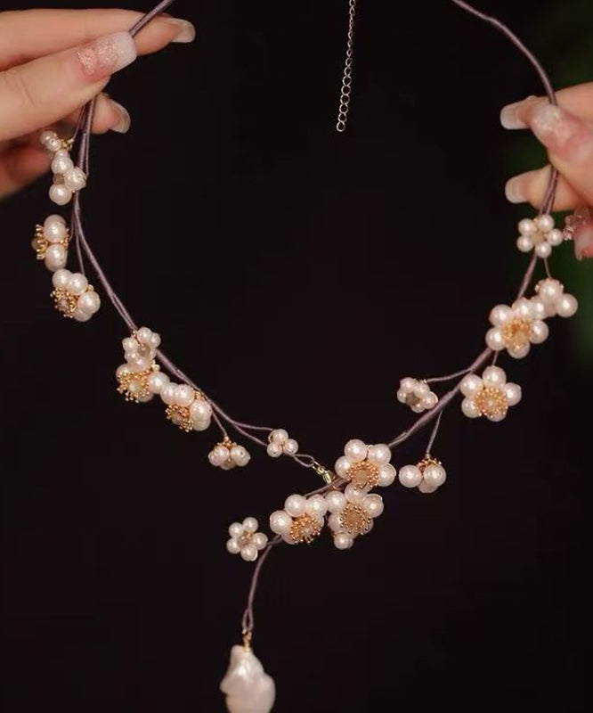 Purple Weaving Pearl Tassel Lariat Necklace