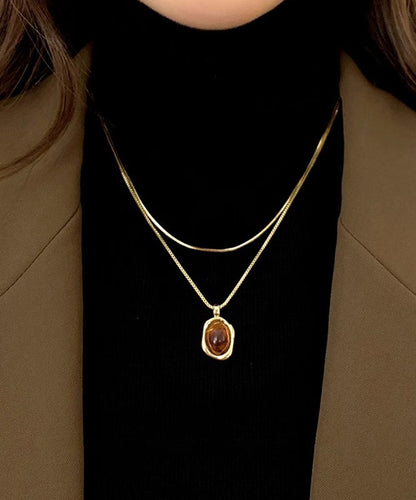 Style Gold Copper Overgild Amber Pendant Necklace Two Piece Set