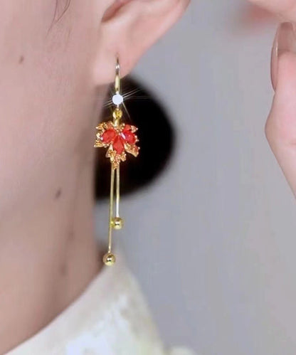Unique Red Sterling Silver Overgild Zircon Maple Leaves Tassel Drop Earrings