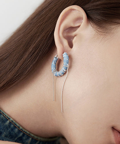 Denim Blue Sterling Silver Denim Chain Tassel Drop Earrings