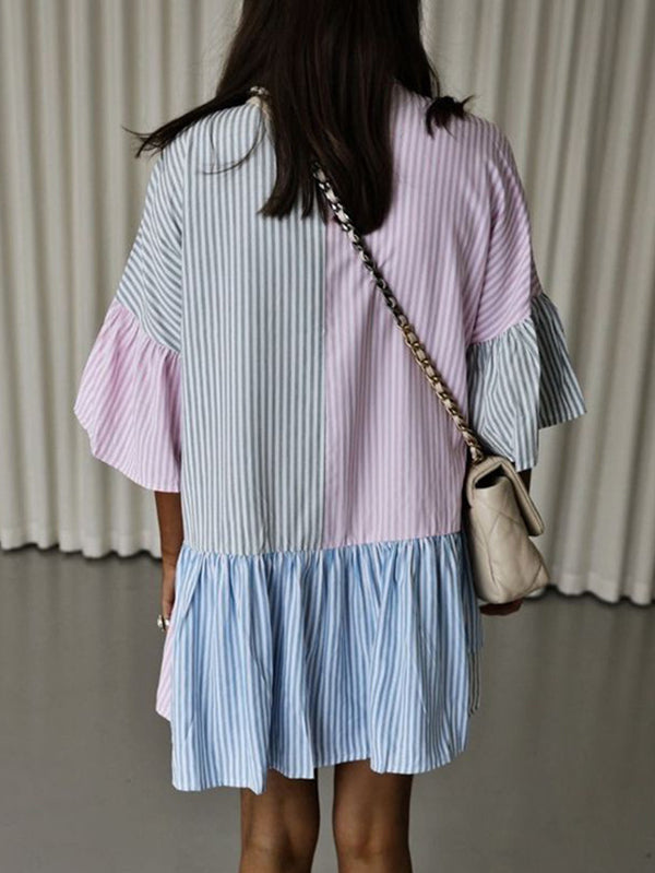 Long Sleeves Loose Buttoned Contrast Color Pleated Split-joint Striped Stand Collar Mini Dresses Shirt Dress