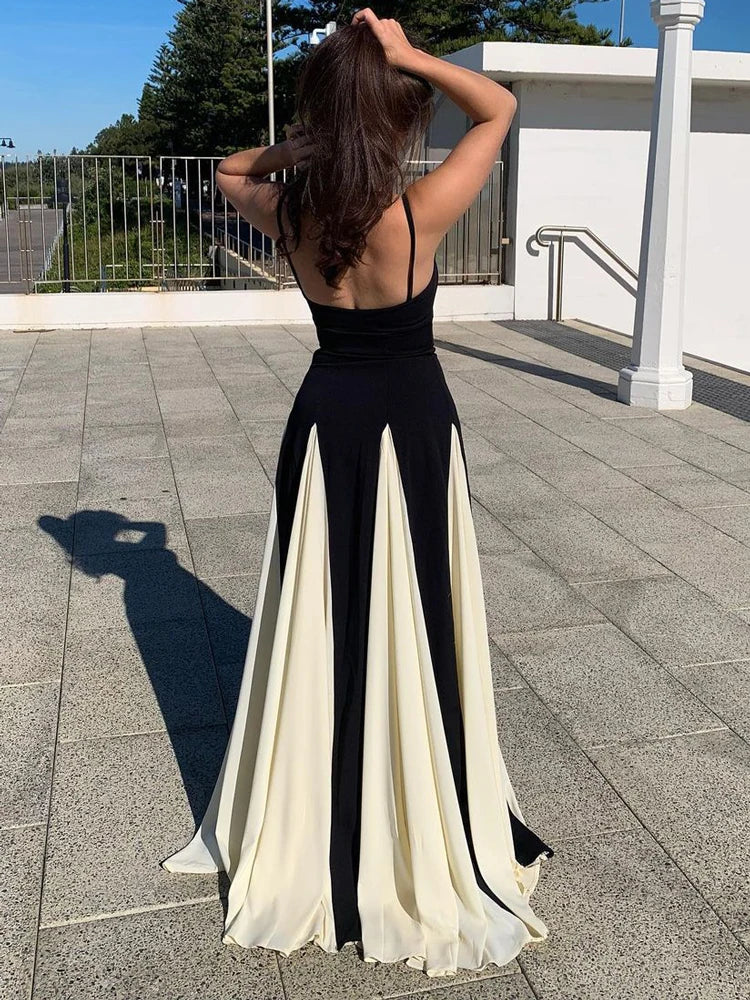 Summer Backless Contrast Halter Dresses for Slim Party Dress ’s Spaghetti Long Dress New