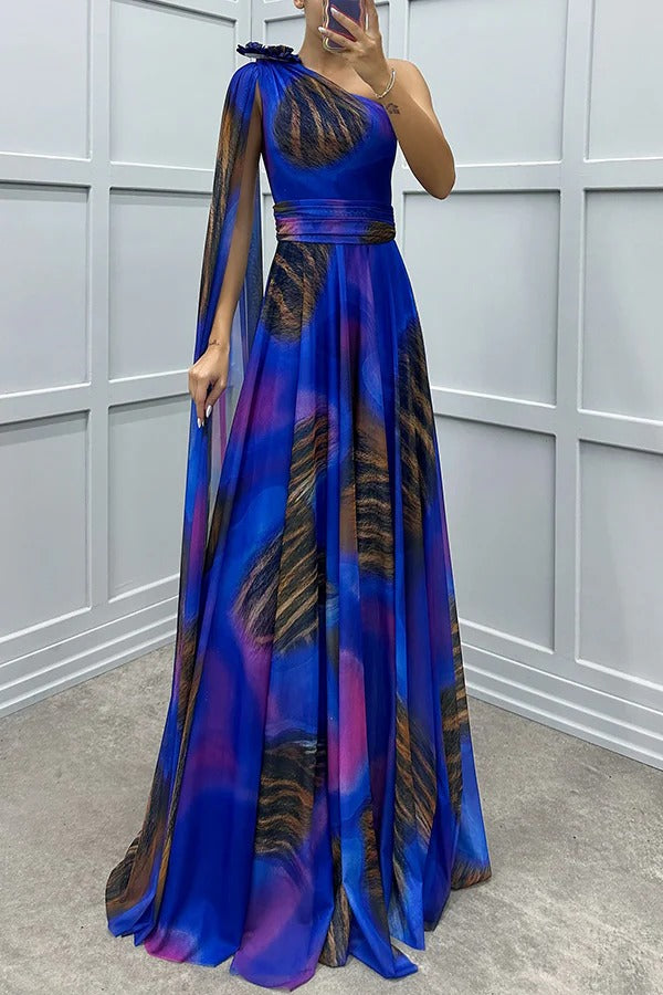 Lucia Unique Print Detail One Shoulder Draped Sleeve Gown Maxi Dress