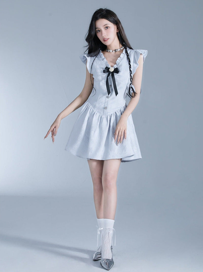 Sweet Lolita Flutter Sleeve Mini Dress With Bow Detail