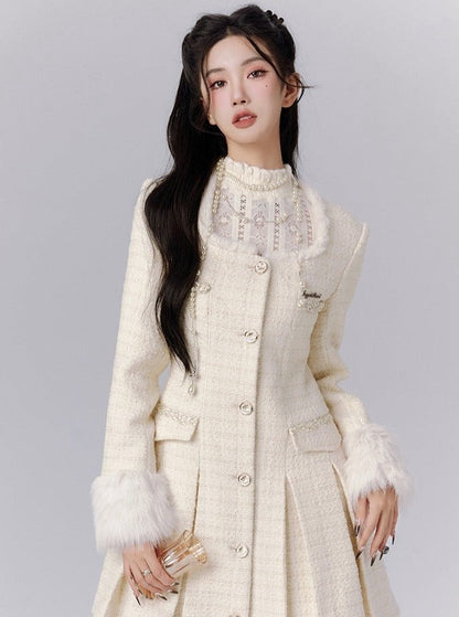 Ivory Tweed Coat Dress With Fur-trimmed Cuffs