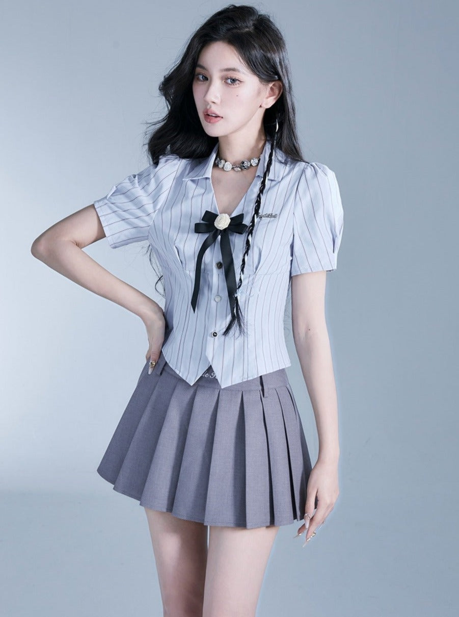 Fragile Heart Preppy Duo: Gray Pleated Mini Skirt and Bow-tie Cropped Blouse Set
