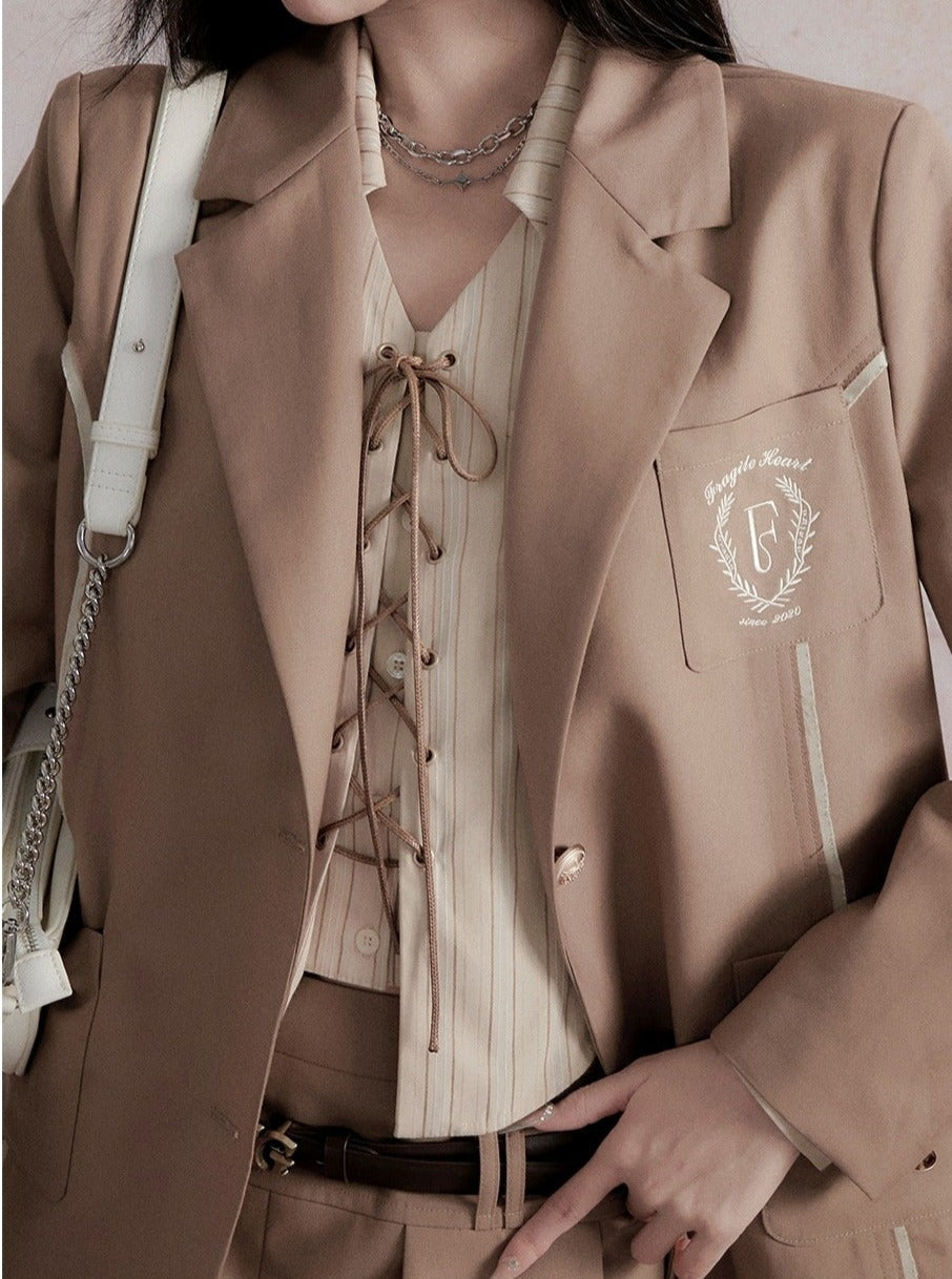 Fragile Heart Preppy Ensemble: Olive Mini Skort, Cream Lace-up Blouse, and Tailored Khaki Blazer Set