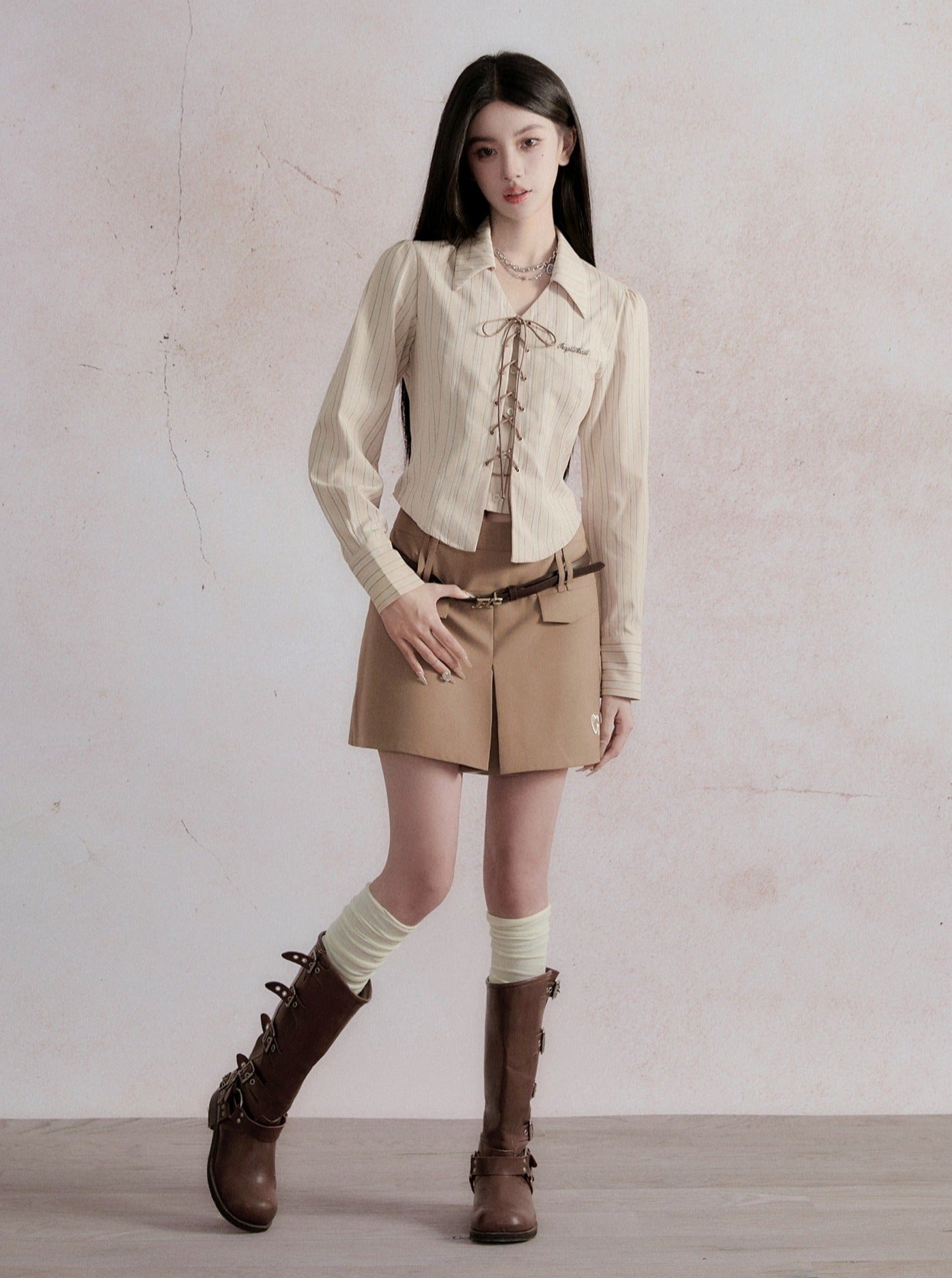 Fragile Heart Preppy Ensemble: Olive Mini Skort, Cream Lace-up Blouse, and Tailored Khaki Blazer Set