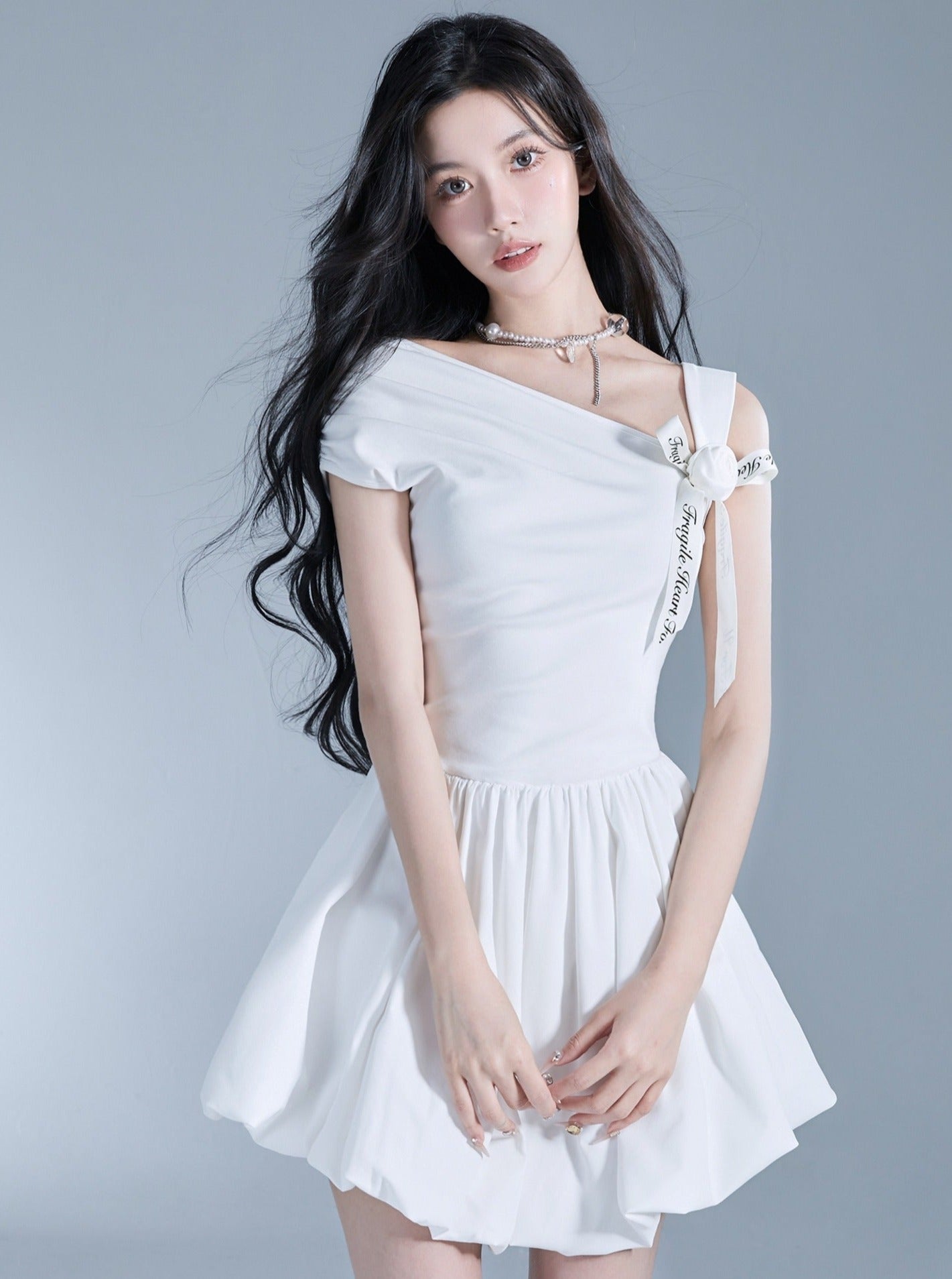 Angelic One-shoulder White Ballerina Mini Dress With Bow Detail