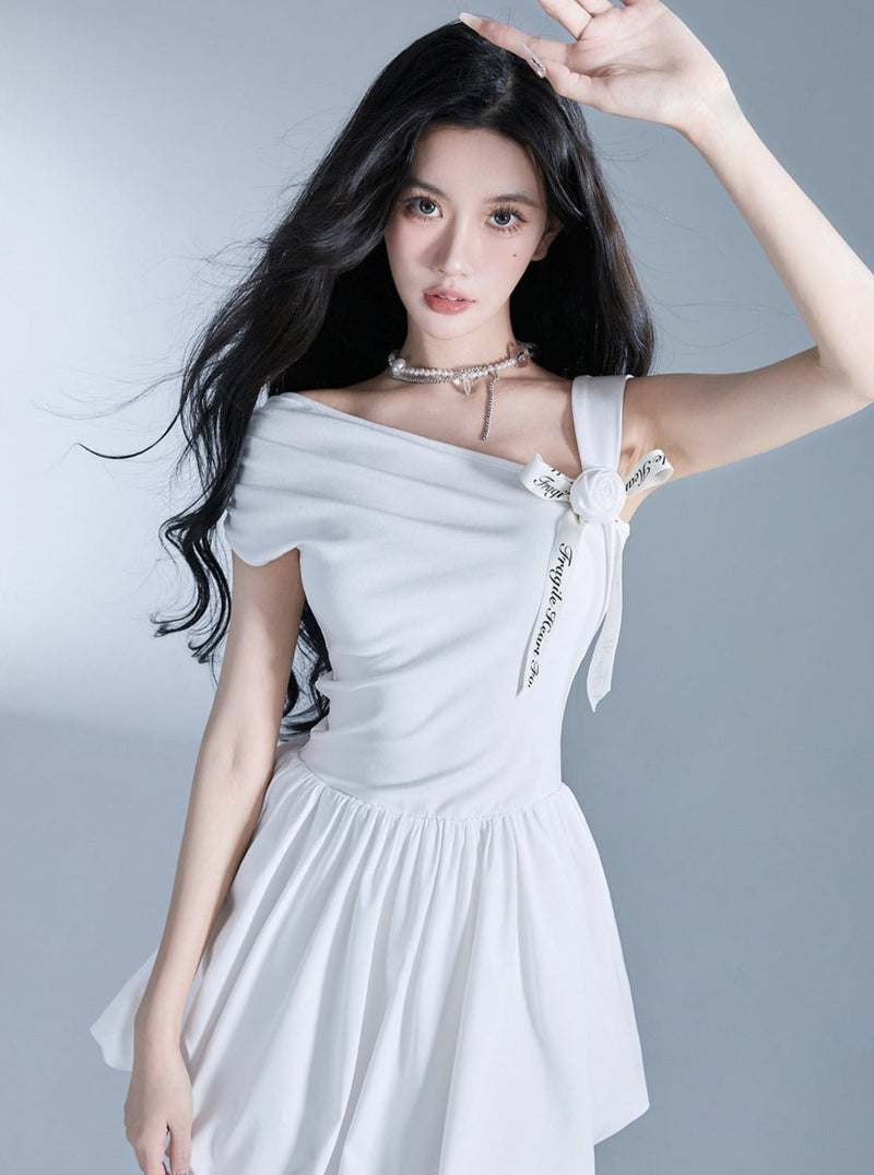 Angelic One-shoulder White Ballerina Mini Dress With Bow Detail