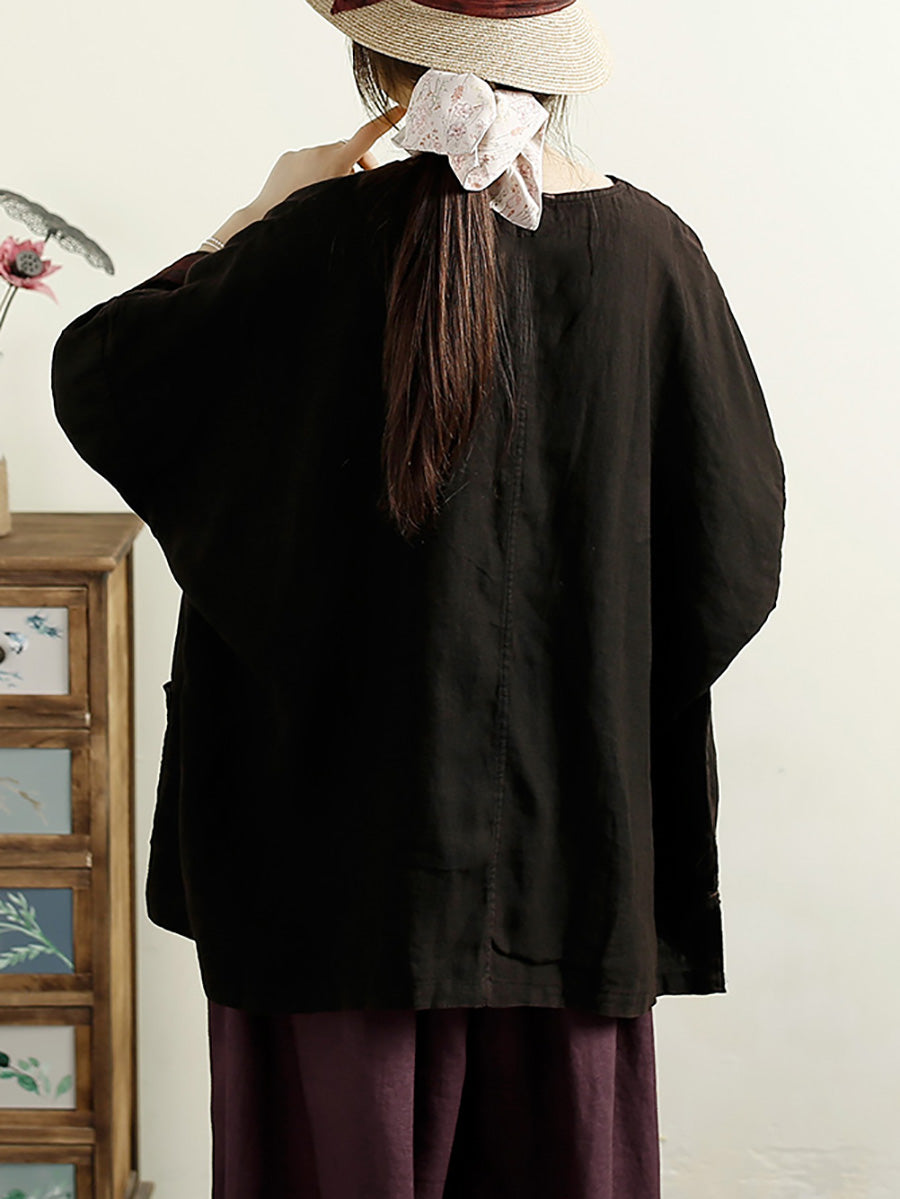 V-neck 100%linen Blouse Ak1006