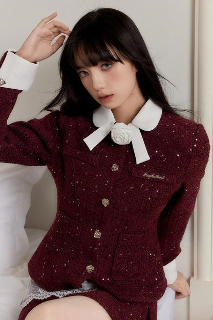 Lace-trimmed Velvet Blouse and Skirt Set-up