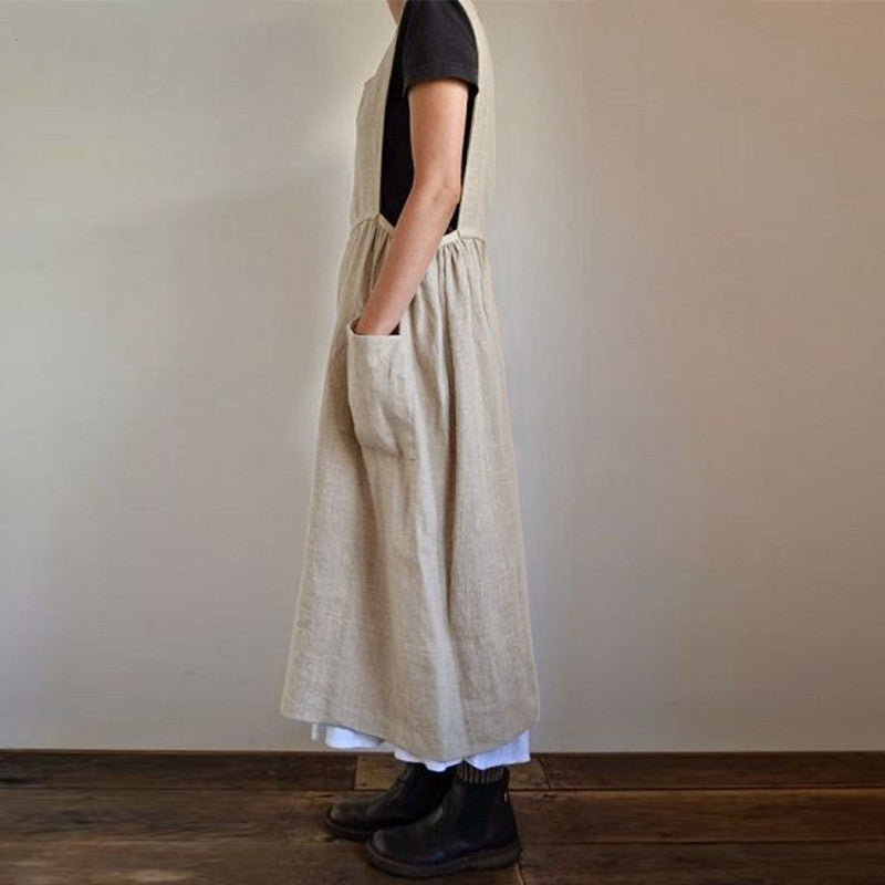 Cotton Linen Apron High Waist Long Circumference Home Wear Loose Maxi Dress