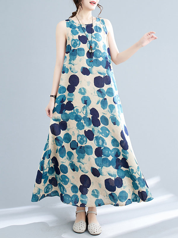 Loose Sleeveless Polka-dot Round-neck Maxi Dresses