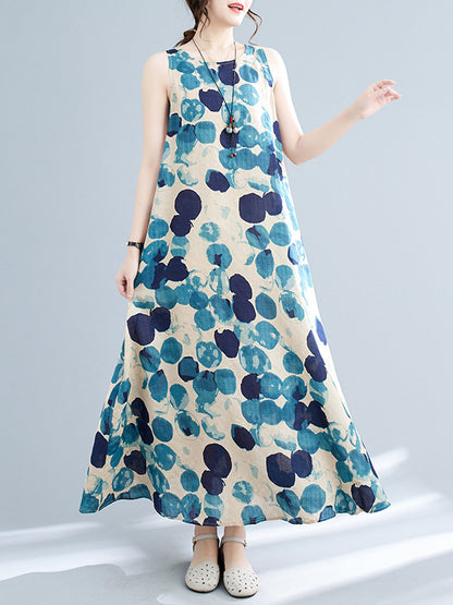 Loose Sleeveless Polka-dot Round-neck Maxi Dresses