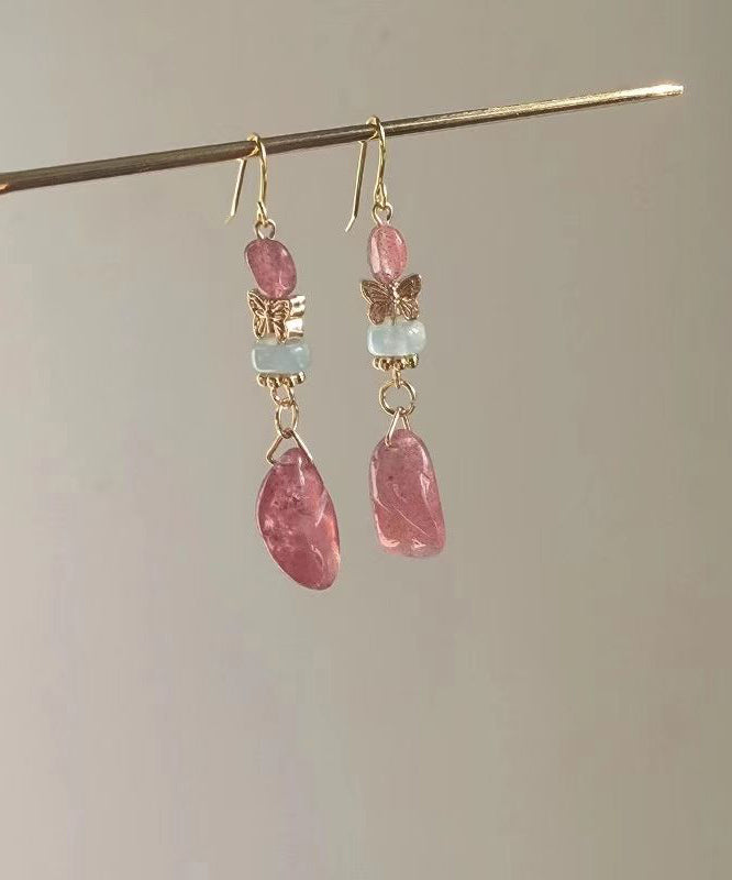Pink Sterling Silver Overgild Crystal Butterfly Drop Earrings