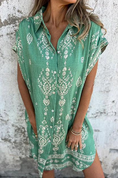 Linen Blend Unique Print Lapel Pocket Mini Dress