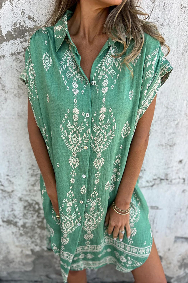 Linen Blend Unique Print Lapel Pocket Mini Dress