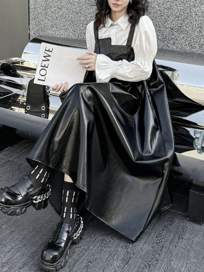 A-line Loose Asymmetric Pleated Color Split-joint Square-neck Midi Dresses Slip Dress
