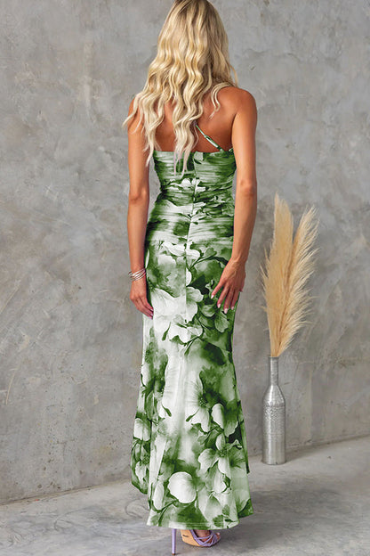 Deja Mesh Overlay Print One Shoulder Ruched Stretch Maxi Dress