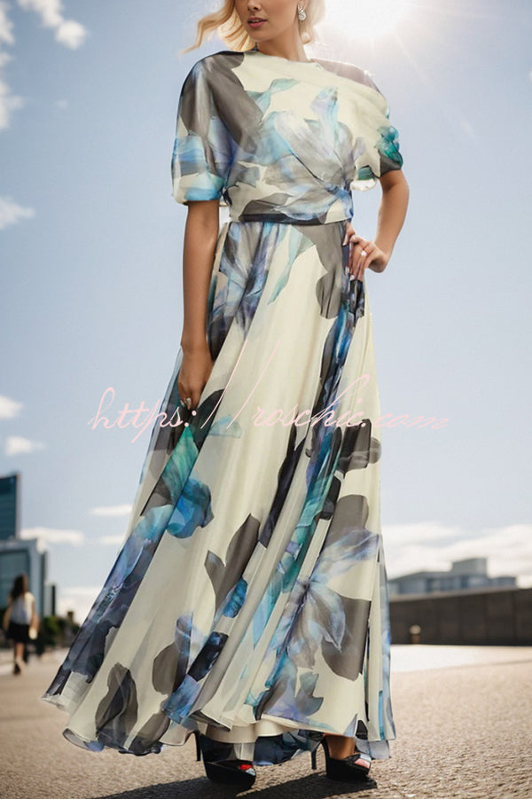 Unique Printed Short-sleeved One-shoulder Maxi Dress