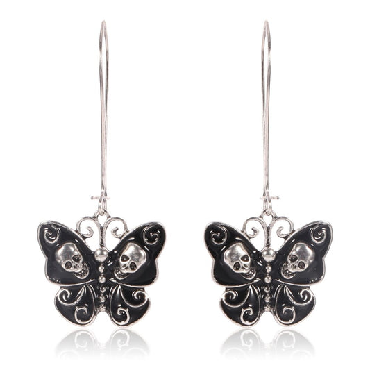 Gothic Black Skull Butterfly Earrings