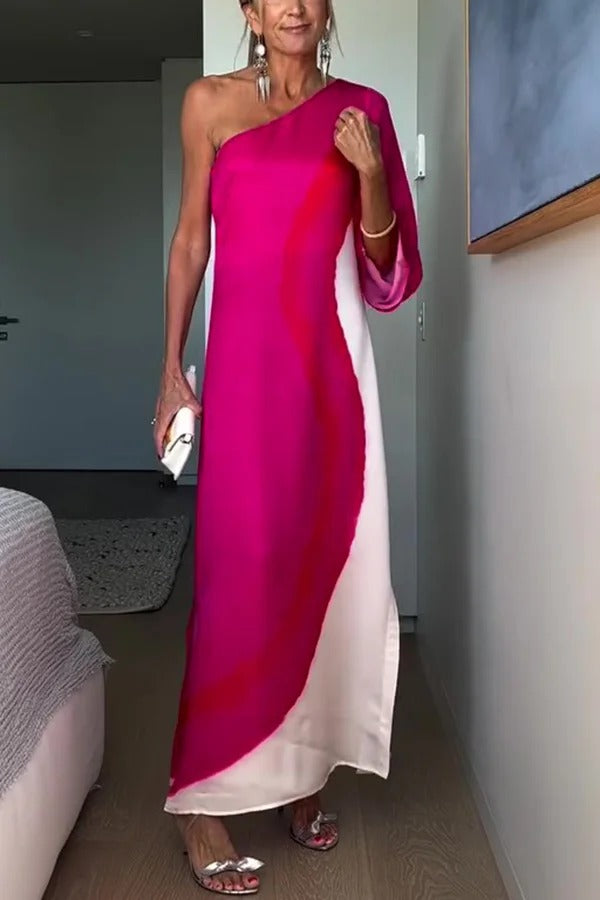 Contrast Print One-sleeve Slit Maxi Dress