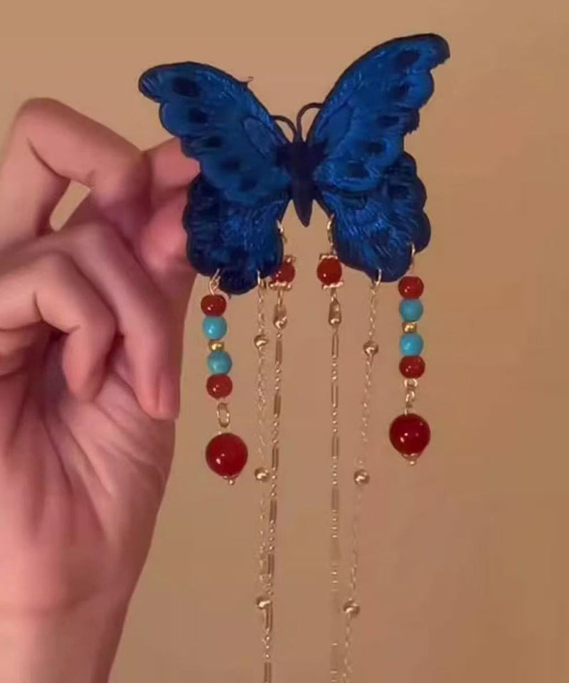 Blue Sterling Silver Overgild Butterfly Tassel Hairpin