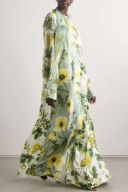 Print Tie Neck Balloon Sleeves Maxi Dress