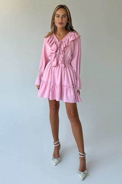 Chiffon V Neck Flared Sleeve Mini Dress