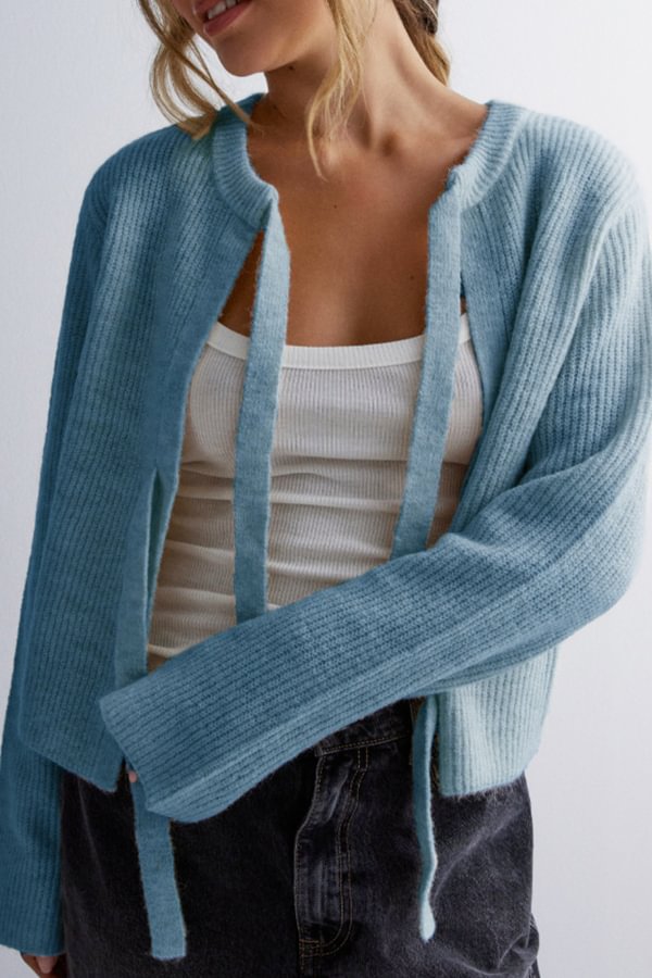 Color Loose Long Sleeve Lace-up Knitted Cardigan