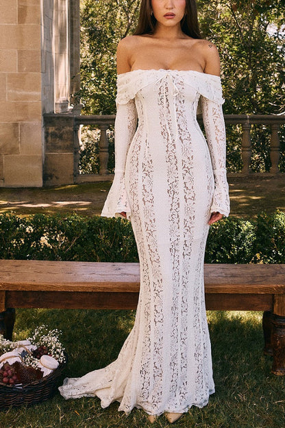 Lace Off Shoulder Flare Sleeve Fishtail Maxi Dresses-white