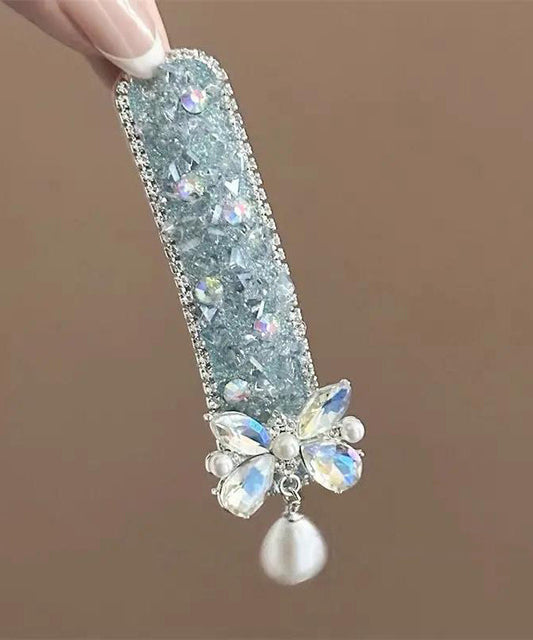 Blue Alloy Bow Zircon Pearl Tassel Hairpin