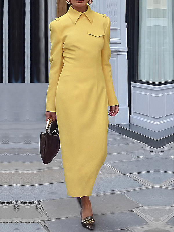 Long Sleeves Loose Color Split-joint Lapel Maxi Dresses