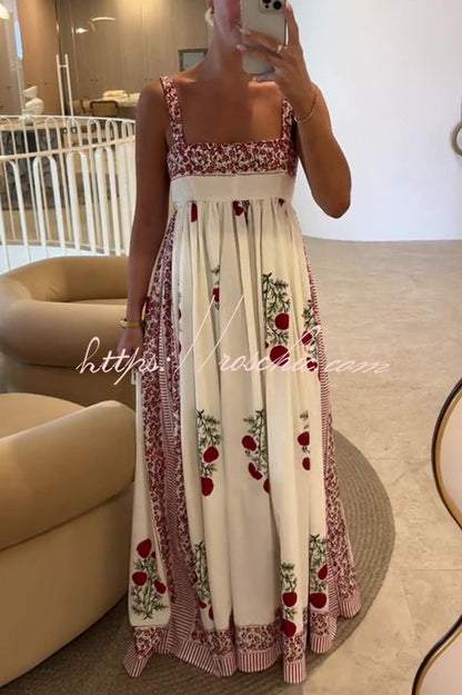 Botanical Print High Waisted Wide Hem Suspender Maxi Dress