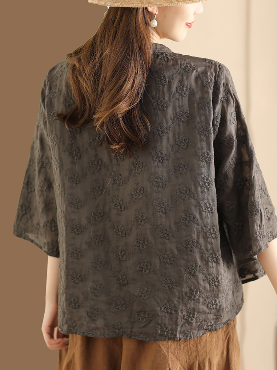 Flower Jacquard Button-up Ramie Blouse Sc1023