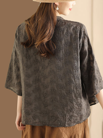 Flower Jacquard Button-up Ramie Blouse Sc1023