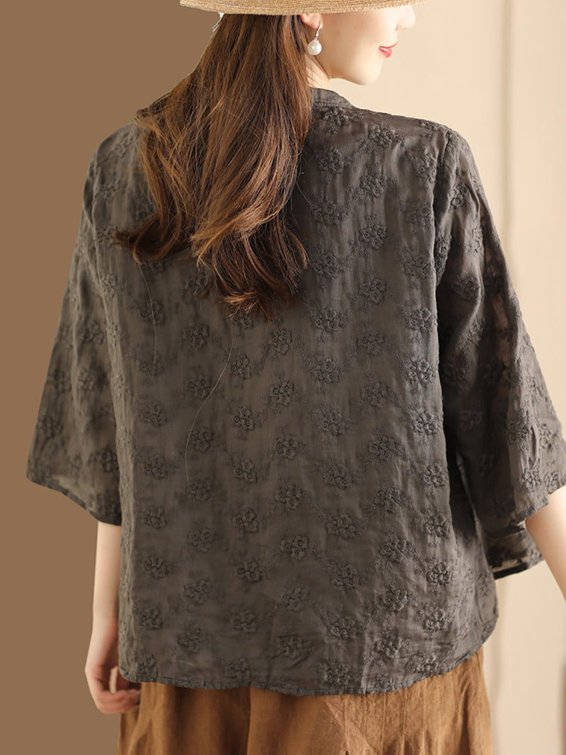 Flower Jacquard Button-up Ramie Blouse Sc1023